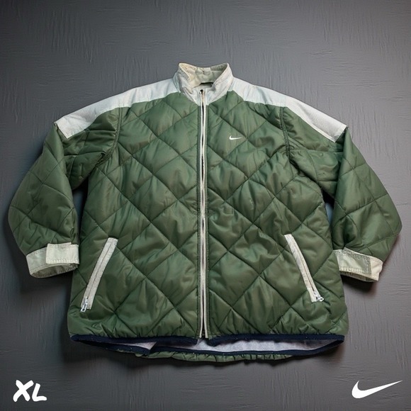VTG 90s Nike Puffer Coat Jacket Mens XL Green Gray Zip Embroidered Quilted Lined